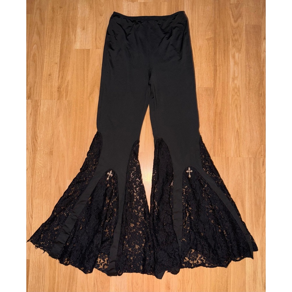 Black Gothic Lace Flare Pants Cross Charm Bell Bottom Trousers Small